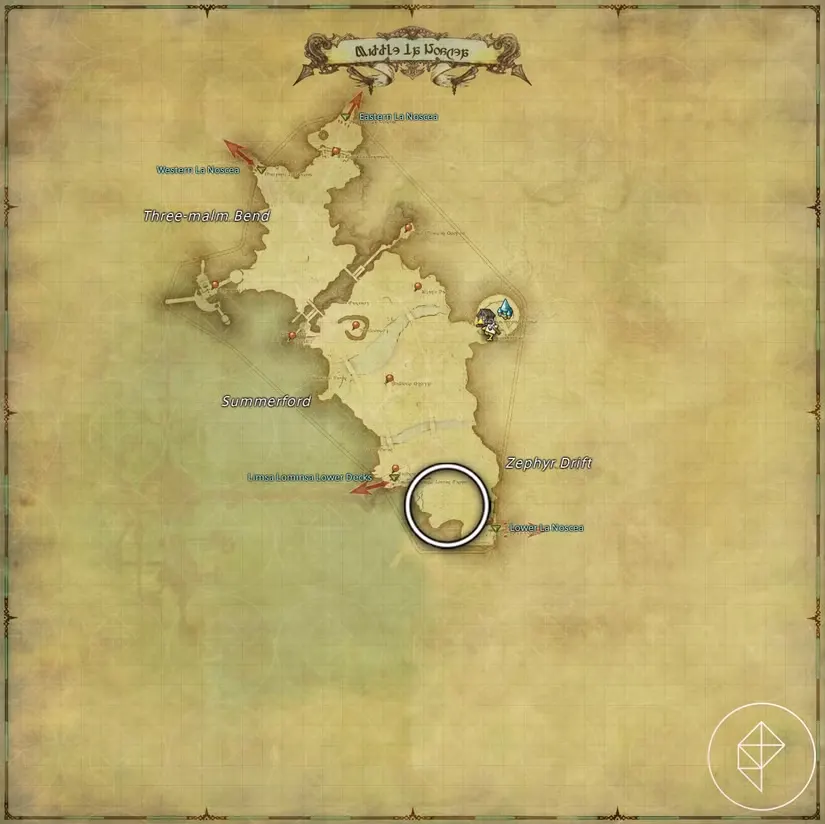 A map of Middle La Noscea in FFXIV showing where to find a Lamb