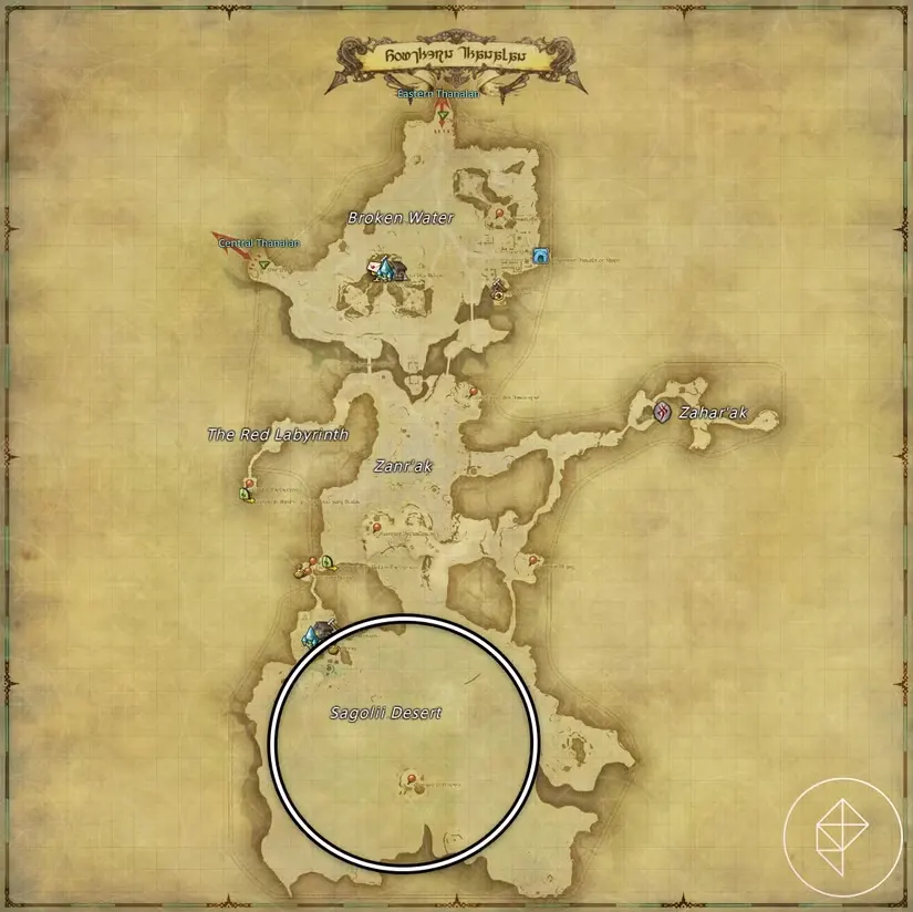 A map of Southern Thanalan in FFXIV showing where to find a Worm