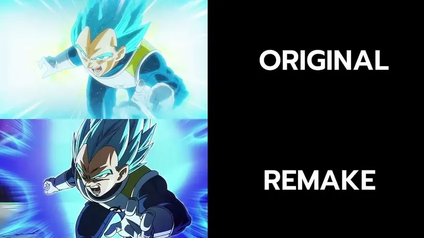 A comparison shot of Vegeta in Dragon Ball Super and its newer 2026 remake.