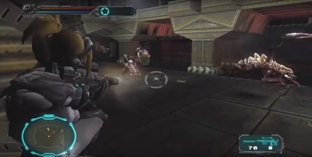 Screenshot of the canceled game StarCraft Ghost showing the player character aiming a rifle at an enemy