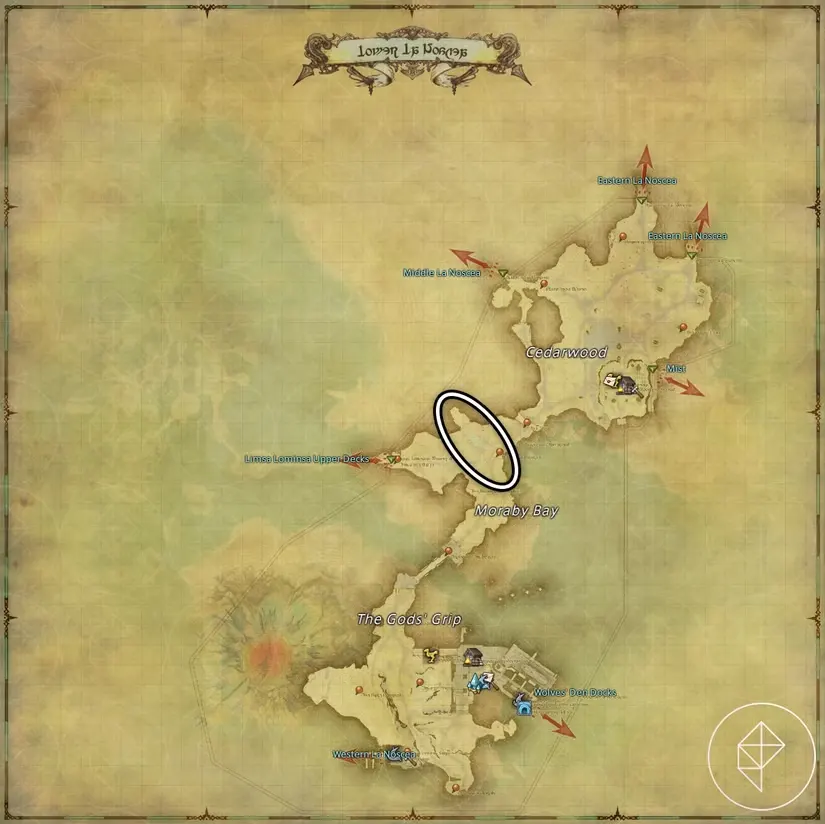A map of Lower La Noscea  in FFXIV showing where to find a Gigantoad