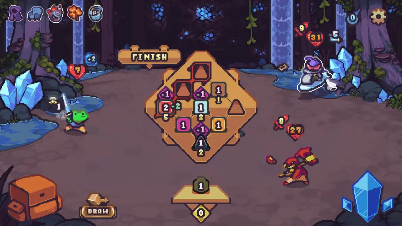 A pixel art dungeon featuring a frog knight from Die in the Dungeon.