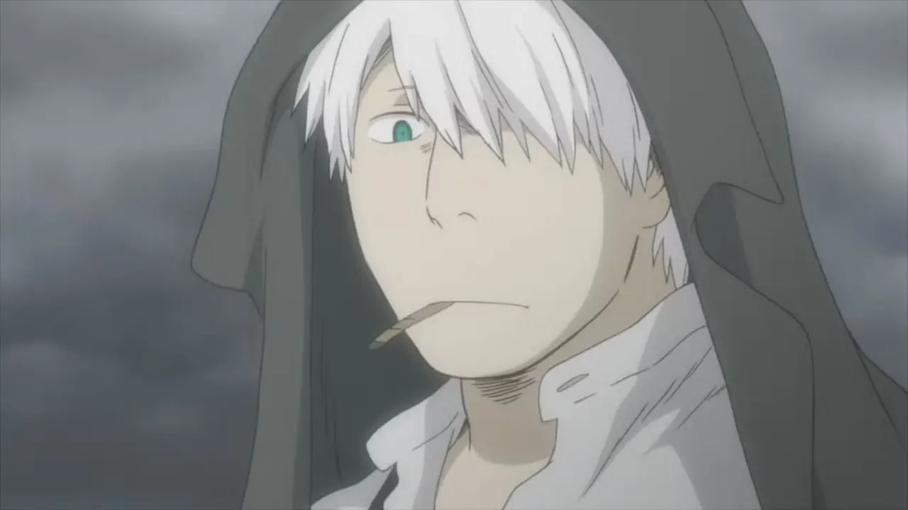 A white haired man looks bewildered while smoking in Mushi-Shi