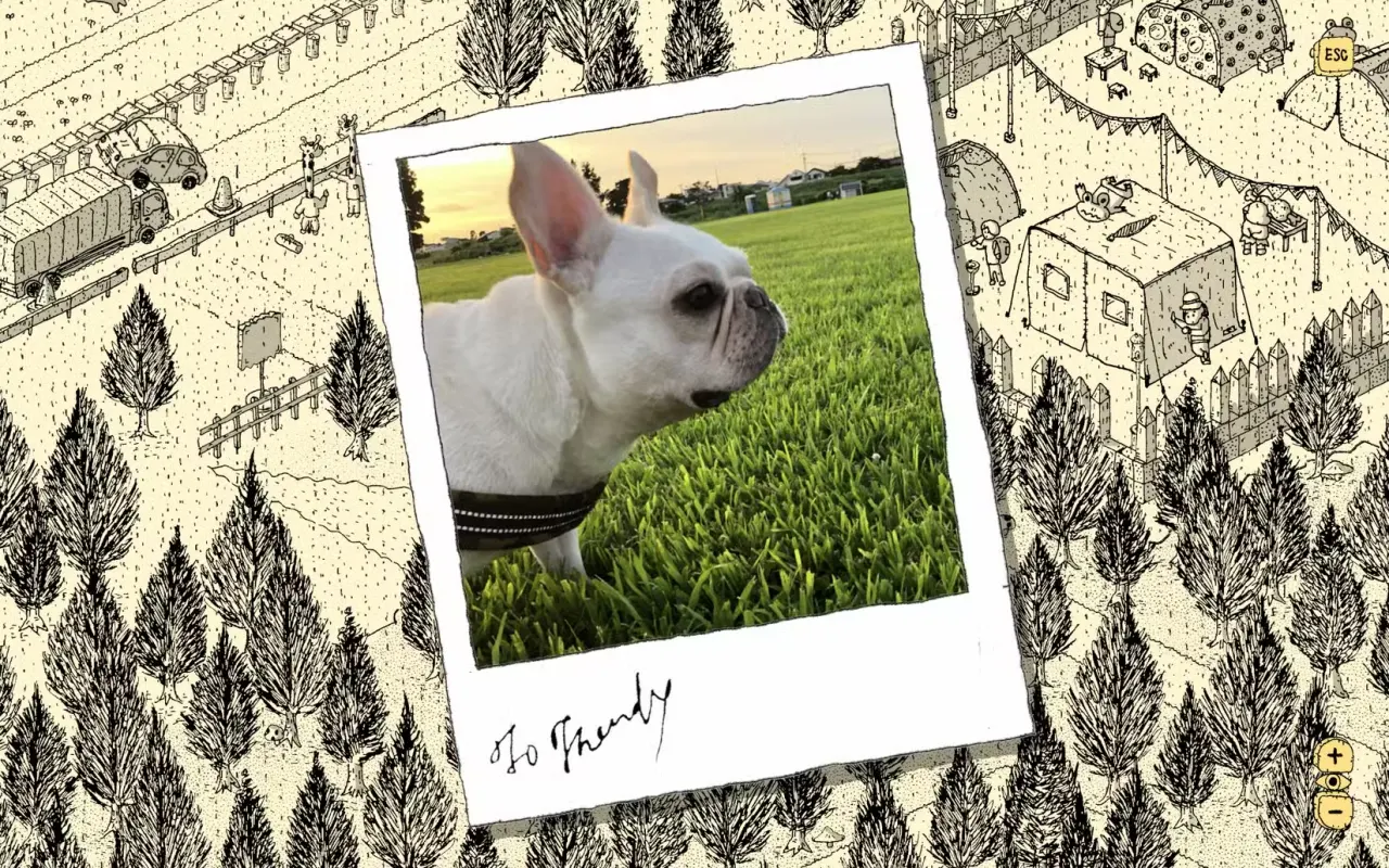 Finding Polka screenshot showing a hand-drawn, ball-point pen world that's like a page from a Where's Waldo book and a polaroid picture of a French bulldog