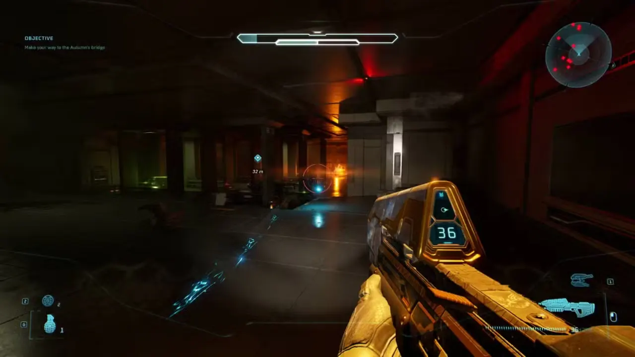 The player in Halo: Campaign Evolved standing in the room with the Arrival terminal.