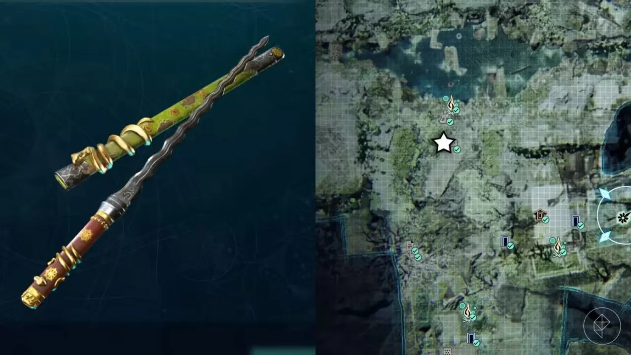 A montage of two Beast of Reincarnation images showing the location of where you obtain the Thunderwave Sword