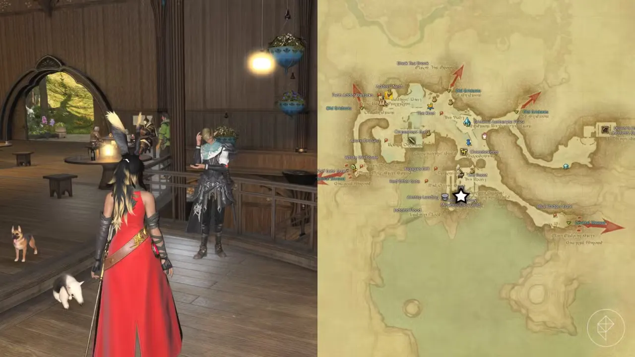 A map showing where to find the NPC to unlock Beastmaster in New Gridania in FFXIV