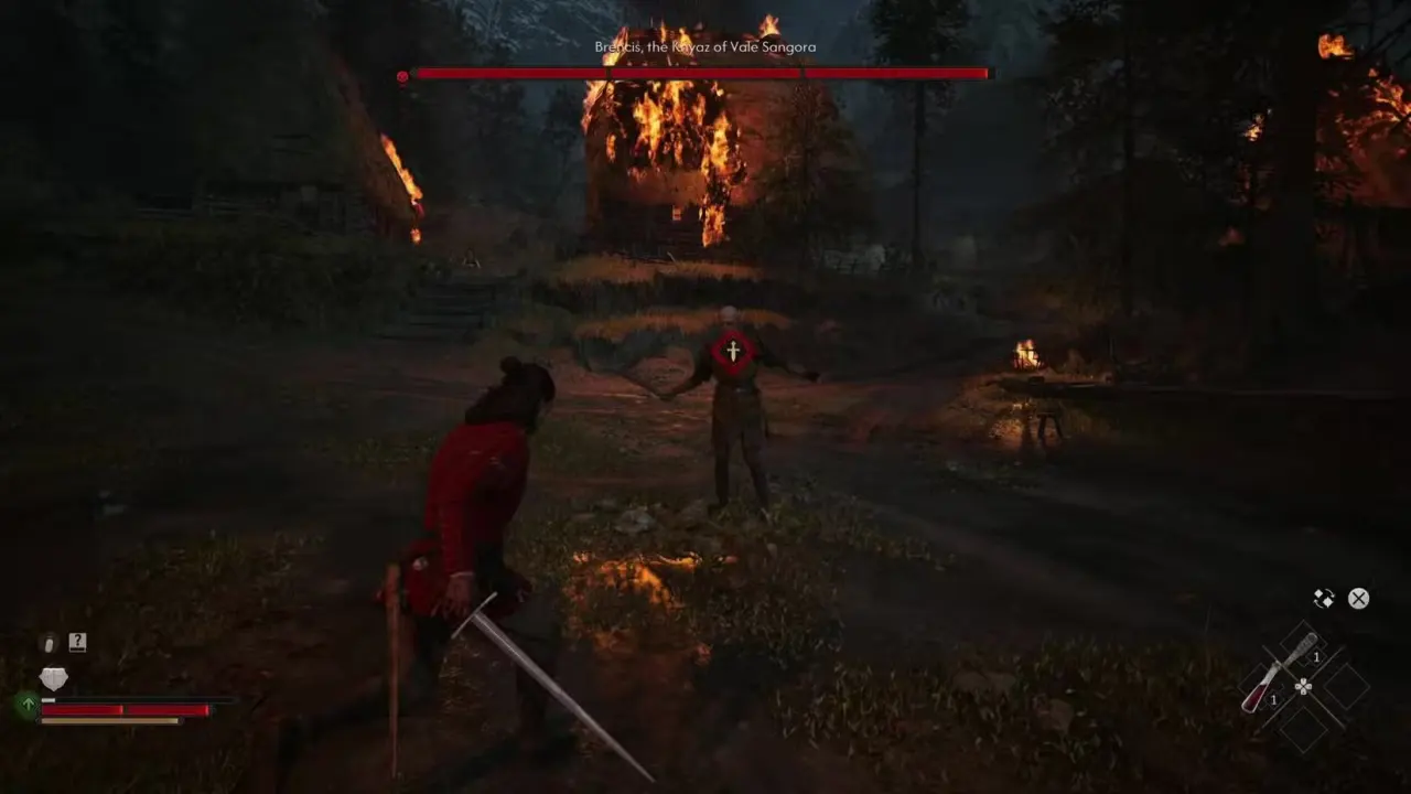 The player fighting Brencis during the prologue in The Blood of Dawnwalker.