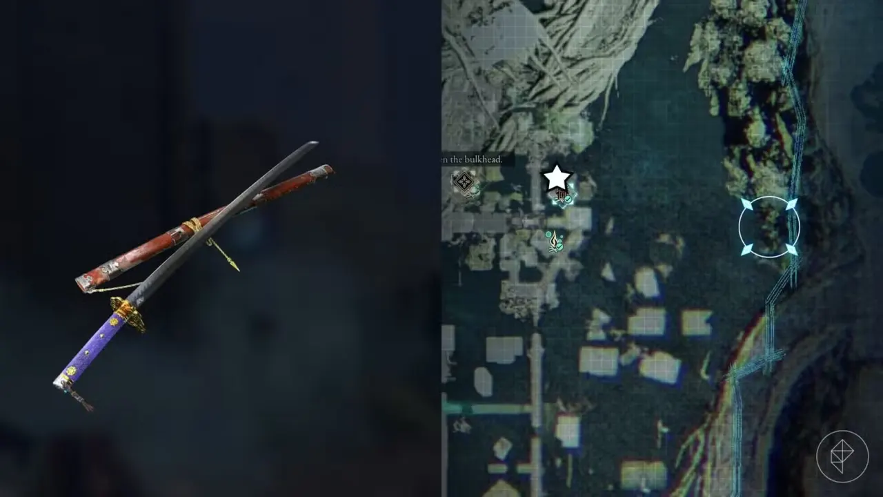 A montage of two Beast of Reincarnation images showing the location of the Fall Thunder sword