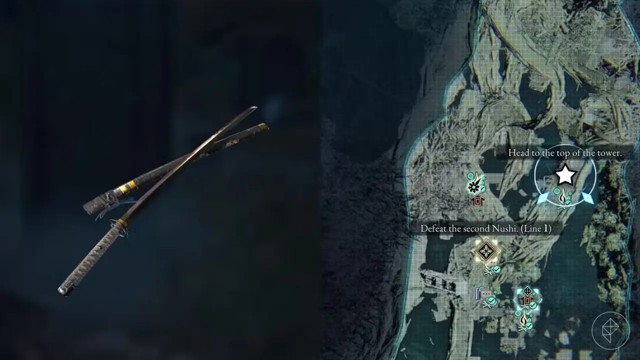A montage of two Beast of Reincarnation images showing the location of the First Moon sword