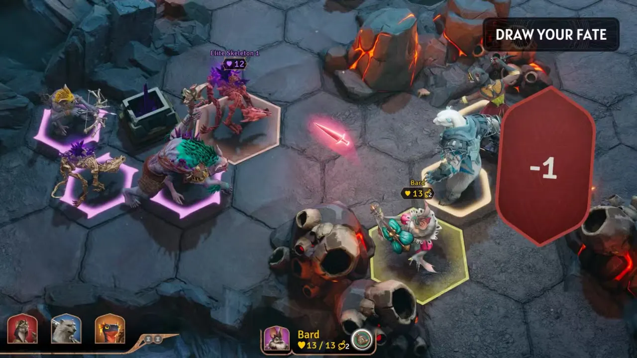 Sunderfolk player drawing a fate card during a battle that says -1.