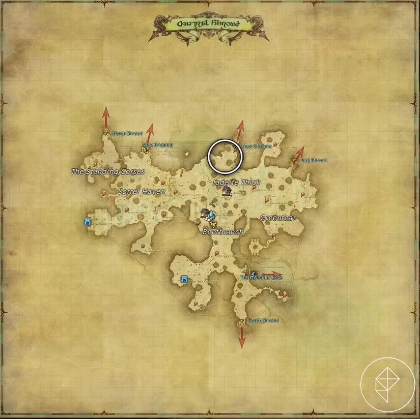 A map of Central Shroud in FFXIV showing where to find a Squirrel