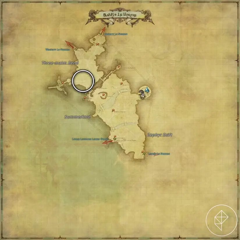A map of Middle La Noscea in FFXIV showing where to find a Megalocrab