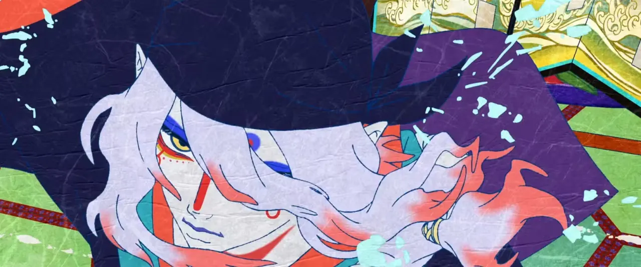 A pale man with gold eyes and white hair rushes forward. From Mononoke: The Ashes of Rage on Netflix.