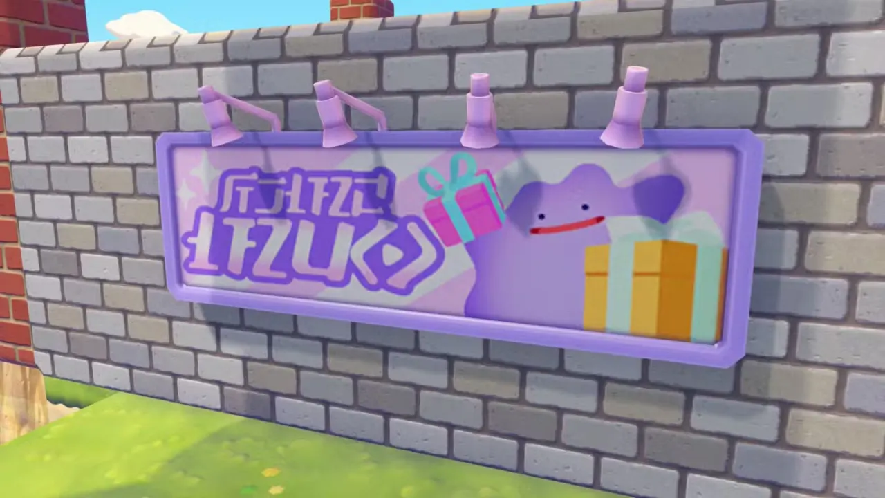 A Pokémon Pokopia screenshot showing the gift shop sign