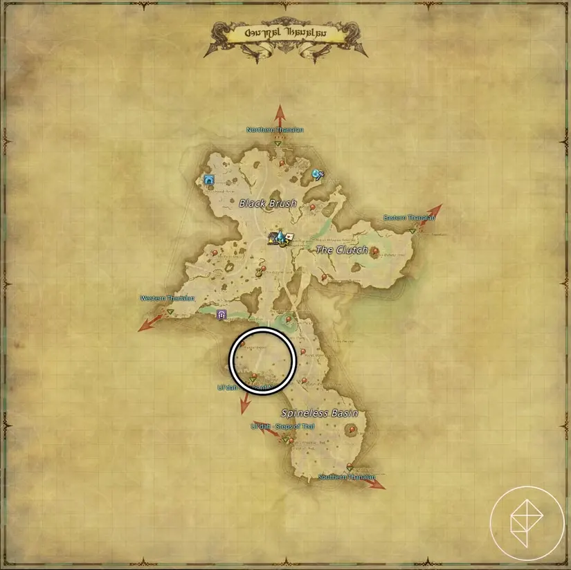 A map of Central Thanalan in FFXIV showing where to find a Giant Tortoise