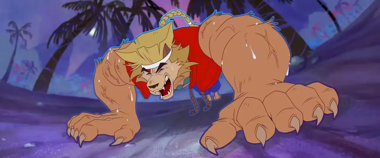 In a 2D sequence from the animated movie Street Fighter, a were-dog reimagines himself as a mashup of several Street Fighter characters, doing sweaty pushups