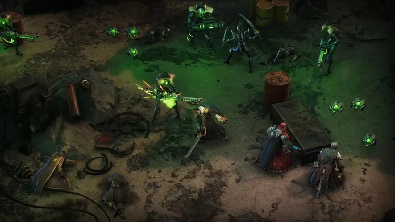 A Rogue Trader character using a melee attack on a robot