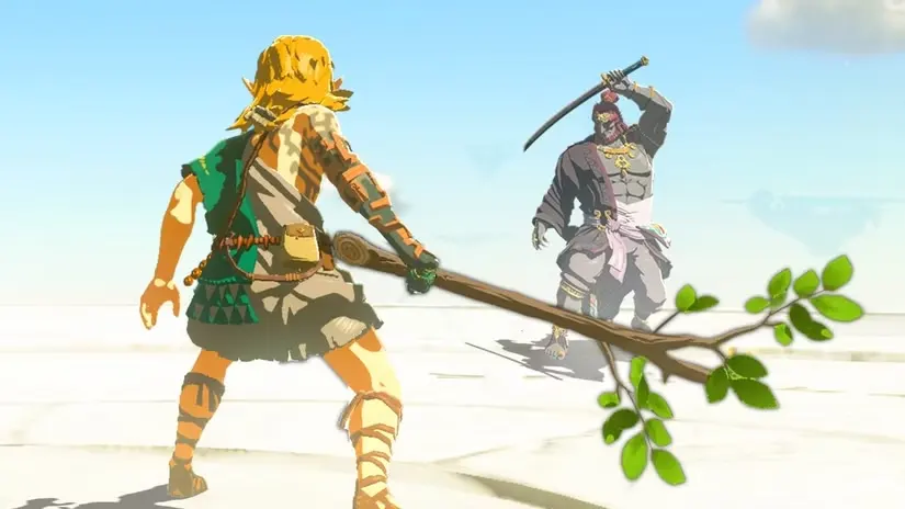Link from Tears of the Kingdom, stares down mortal enemy Ganondorf while holding a stick.