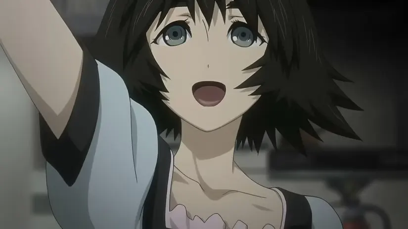 Mayuri smiles while extending her hand in Steins;Gate