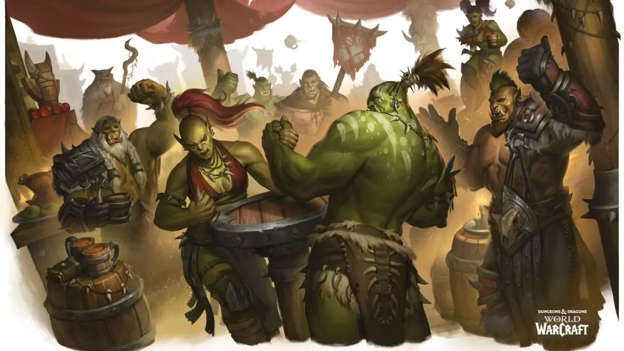 A pair of orcs arm wrestled while others watch and cheer in art from Dungeons & Dragons: World of Warcraft