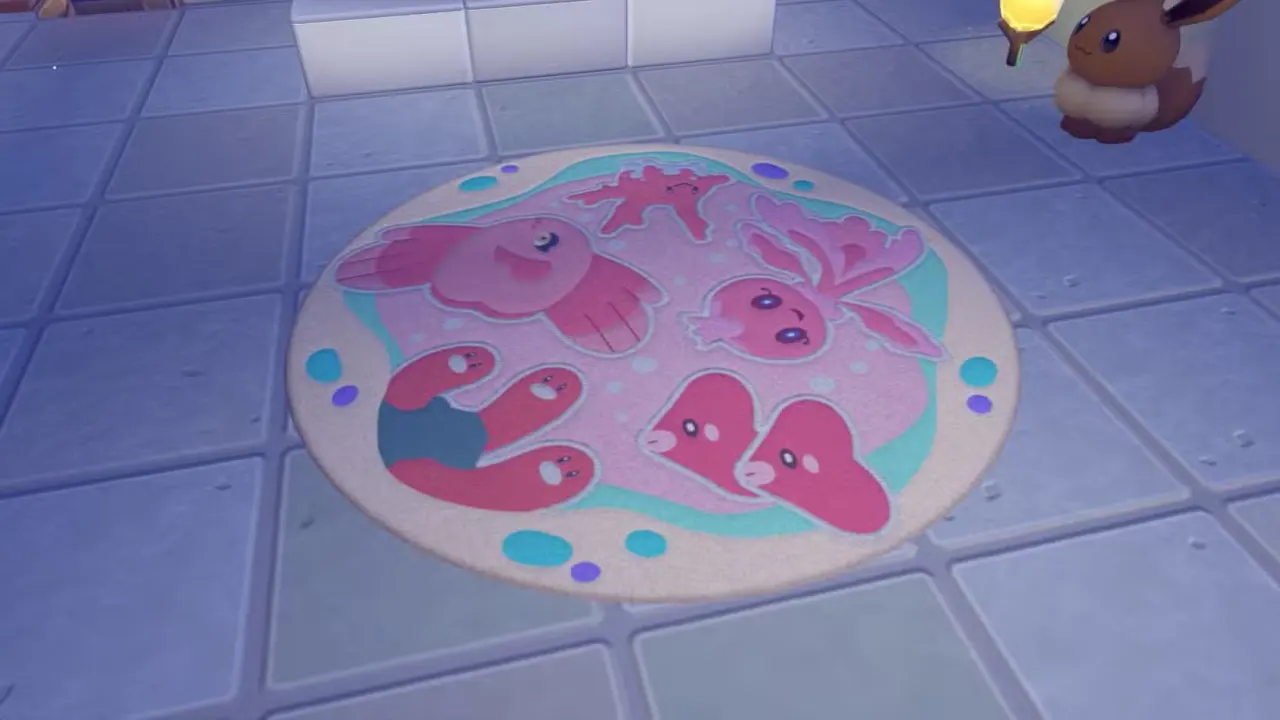 A round rug featuring pink and red water-type Pokémon like Luvdisc, Frillish, and Wugtrio