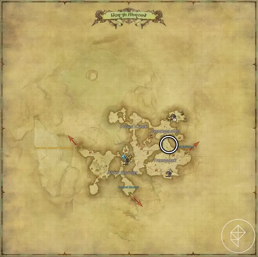 A map of North Shroud in FFXIV showing where to find an Opo-opo