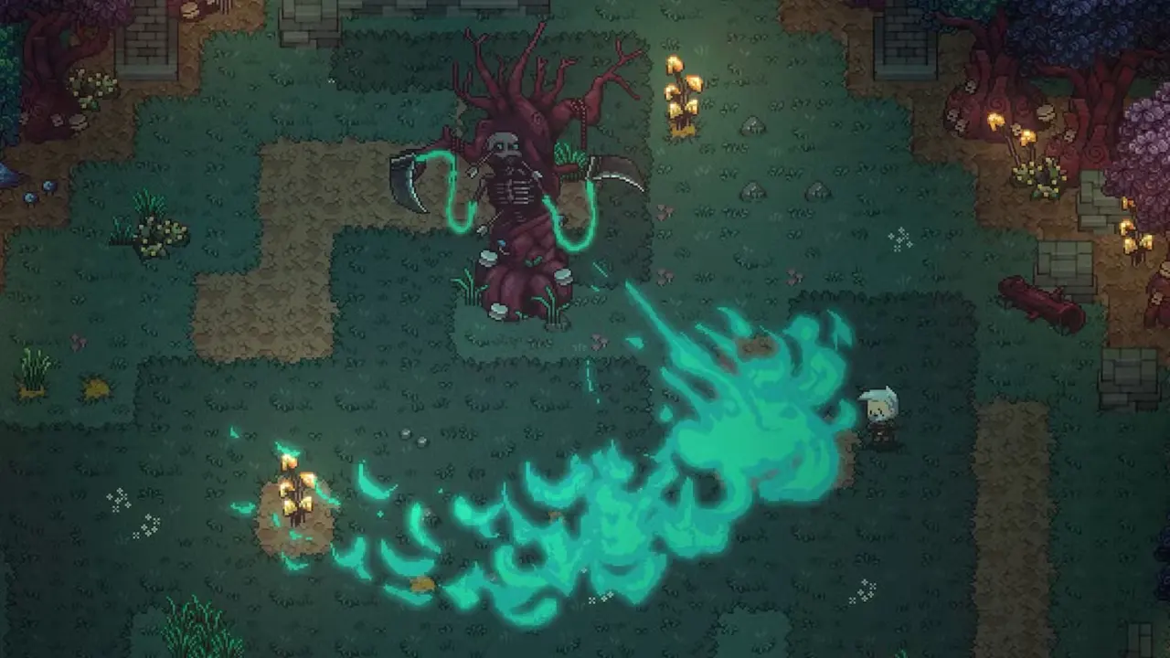 A giant skeleton breathing green fire in Emberville