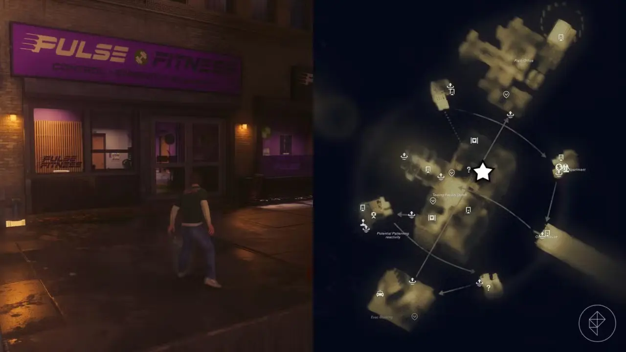 Dylan standing outside of a Pulse Fitness gym in the Unknown zone in Control Resonant.