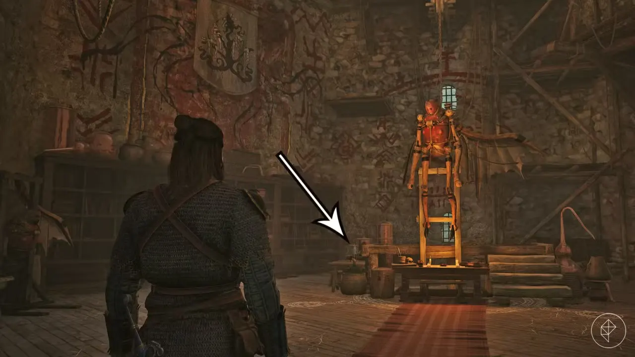 An arrow points to the flask of quicksilver in The Blood of Dawnwalker.