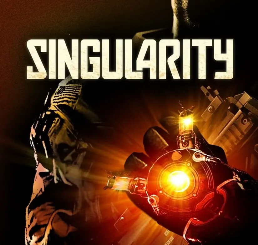 A sample from Singularity's cover showing a glowing power armor fist and the game logo.