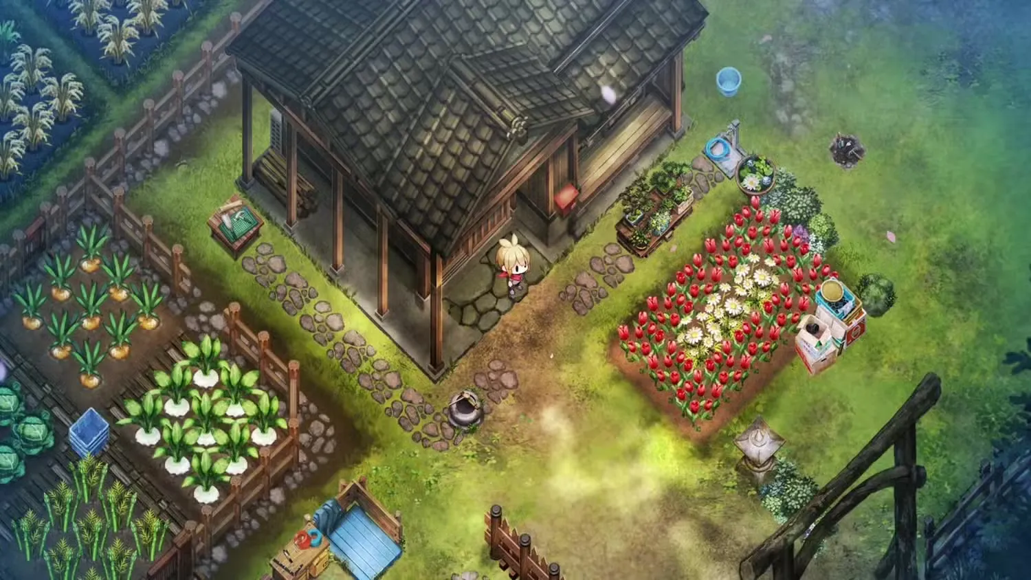A farmer looking over a bed of flowers in Village in the Shade